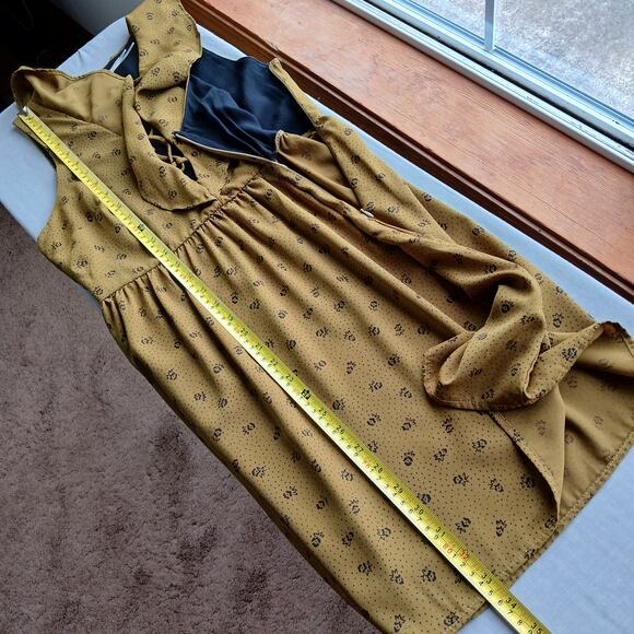 UO Kimchi Blue Mustard Lace up Dress 4 floral ruffles olive corset style front - Picture 11 of 13